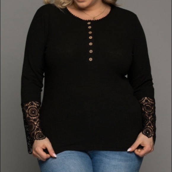Black Lace Splicing Ribbed Long Sleeve Plus Size Top - Picture 3 of 11